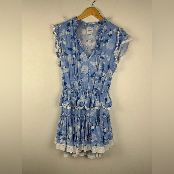 Misa Los Angeles Lilian Dress Blue Tiered Linen Floral Mini Ruffle Women’s Sz M - Picture 2 of 8